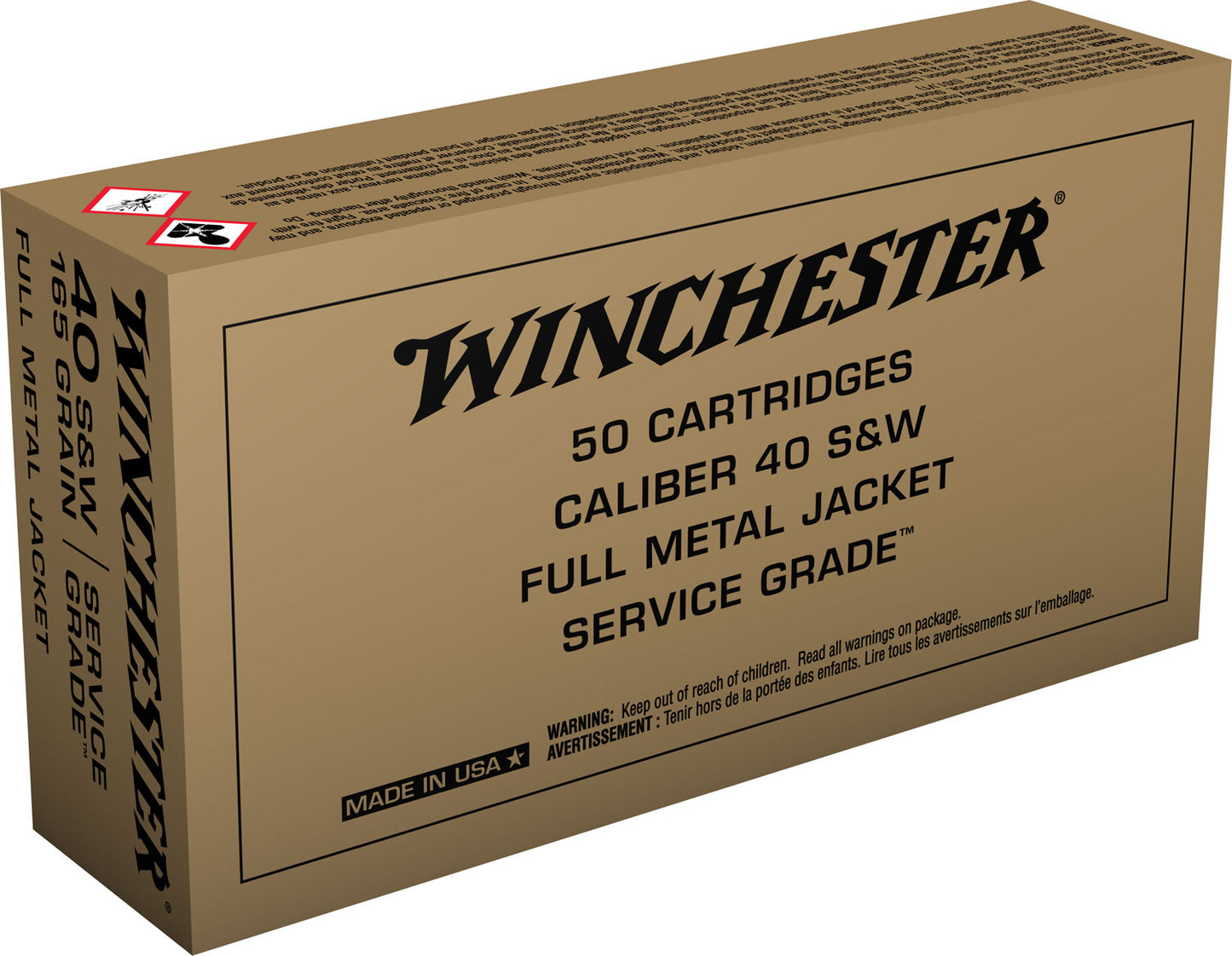 Winchester Ammo SG40W Service Grade 40S&W 165gr Full Metal Jacket Flat Nose 50 Per Box/10 Case