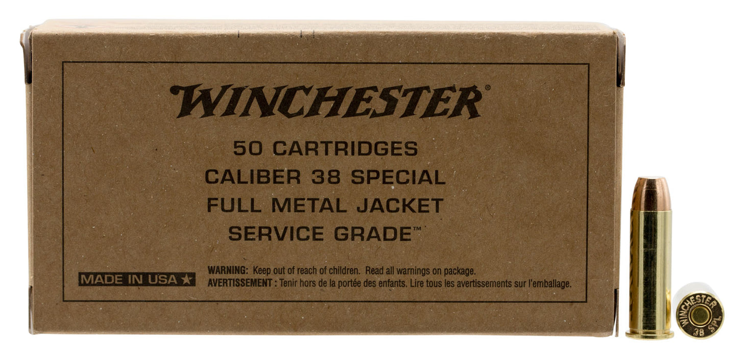 Winchester Ammo SG38W Service Grade 38Special 130gr Full Metal Jacket Flat Nose 50 Per Box/10 Case