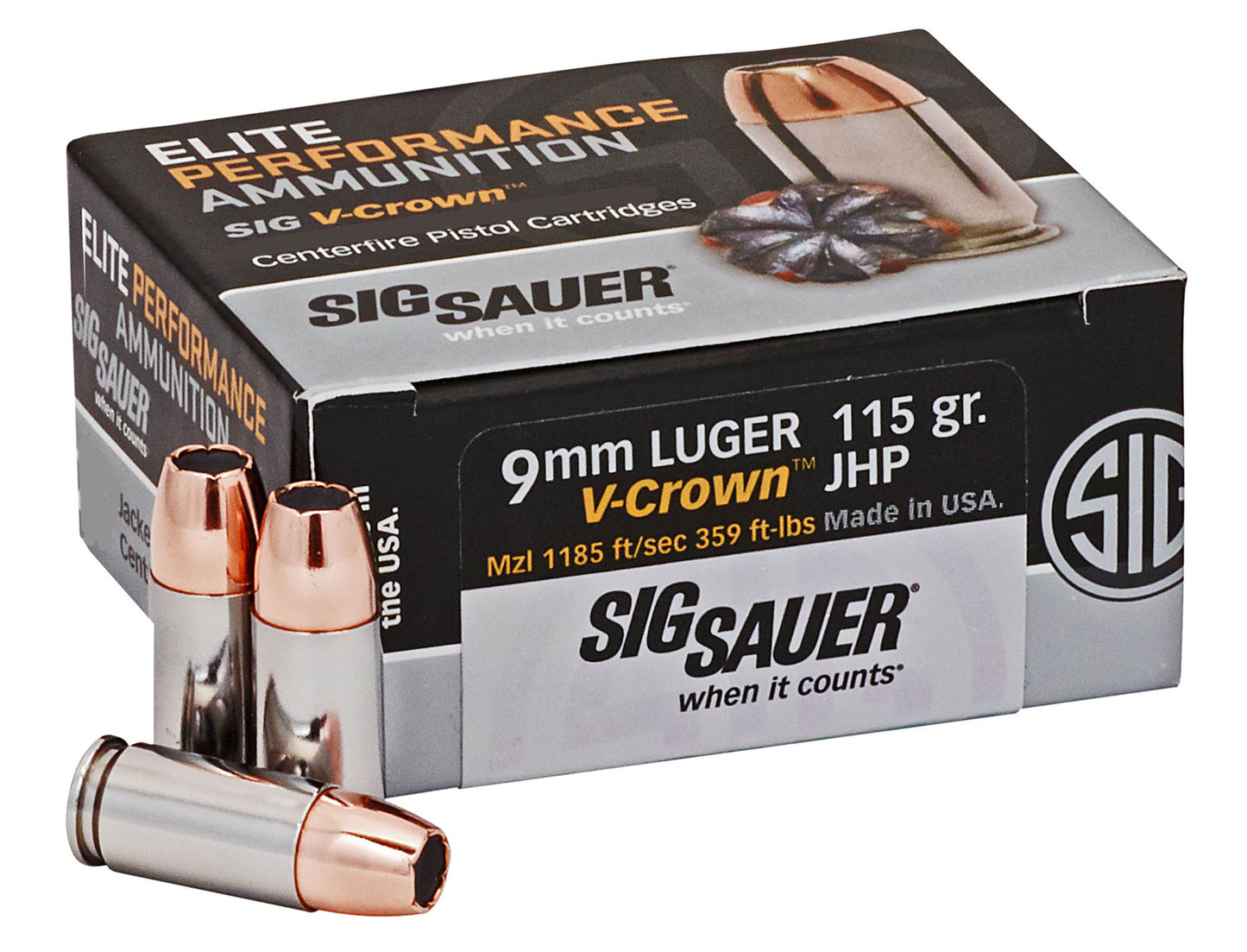 Sig Sauer E9MMA150 Elite Performance 9mmLuger 115gr V-Crown Jacketed Hollow Point 50 Per Box/10 Case