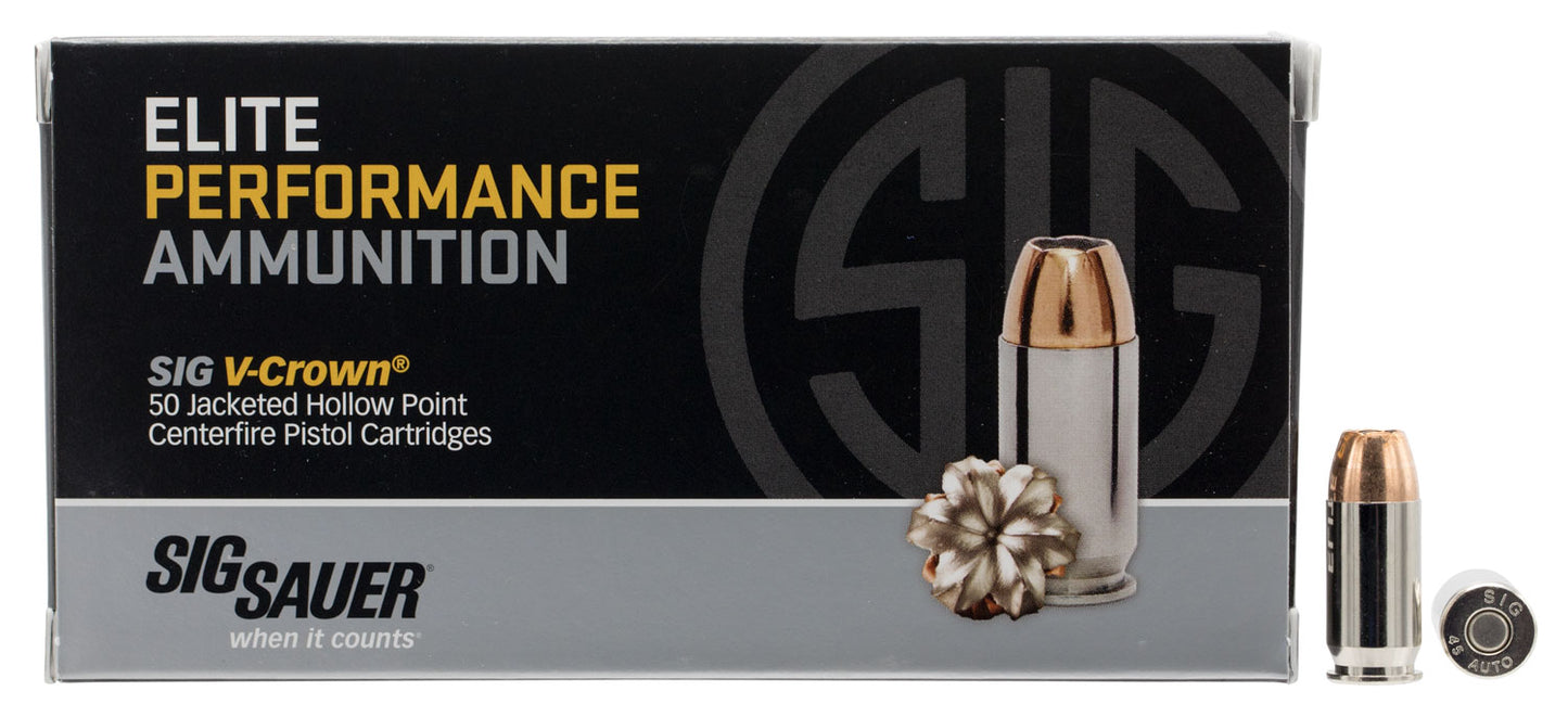 Sig Sauer E45AP250 Elite Performance 45ACP 230gr V-Crown Jacketed Hollow Point 50 Per Box/10 Case