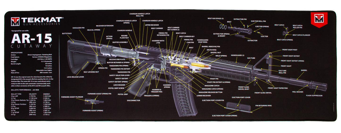 TekMat TEKR44AR15CA AR-15 Cutaway Cleaning Mat Black/White Rubber 44" Long AR-15 3D Cutaway Illustration