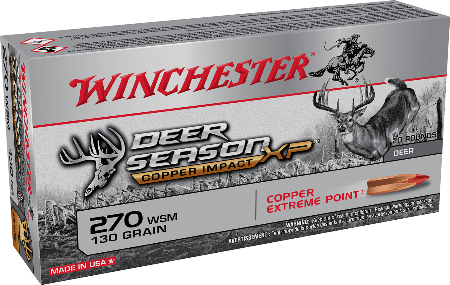 Winchester Ammo X270SDSLF Deer Season XP Copper Impact 270WSM 130gr Copper Extreme Point Lead-Free 20 Per Box/10 Case