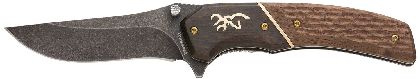 Browning 3220390 Hunter Small 2.88" Folding Drop Point Plain Black Oxide Stonewashed 440C SS Blade/ Brown Jigged Hardwood Walnut Handle Includes Pocket Clip