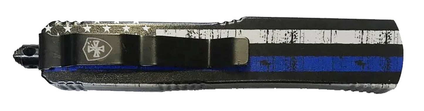 Templar Knife MBTB331 Back The Blue Gen II Slim 3.43" OTF Drop point Plain Black Oxide Stonewashed 440C SS Blade/5.05" Black & White w/Blue Line Aluminum Handle Features Glass Breaker Includes Pocket Clip/Sheath