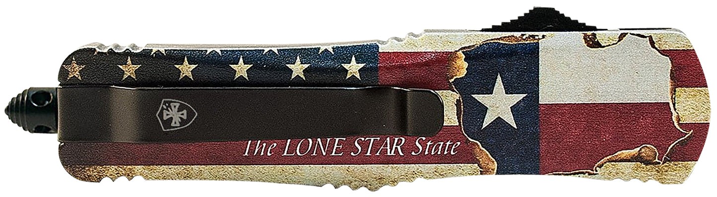 Templar Knife LTX631 Texan Gen II Large 3.50" OTF Drop Point Part Serrated Black Oxide Stonewashed 440C SS Blade/5.25" Texas Flag Aluminum Handle Features Glass Breaker Includes Pocket Clip/Sheath