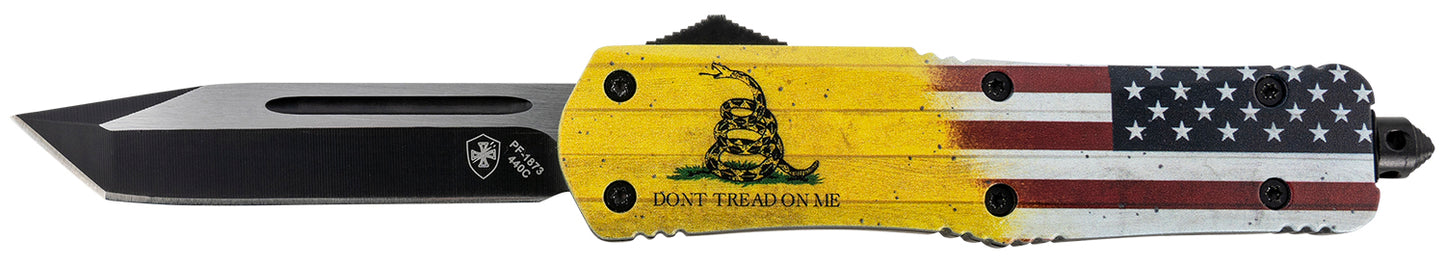 Templar Knife LDTOM231 Don't Tread on Me Gen II Large 3.50" OTF Tanto Plain Black Oxide Stonewashed 440C SS Blade/5.25" Yellow w/Flag & "Don't Tread On Me" Aluminum Handle Features Glass Breaker Includes Pocket Clip/Sheath