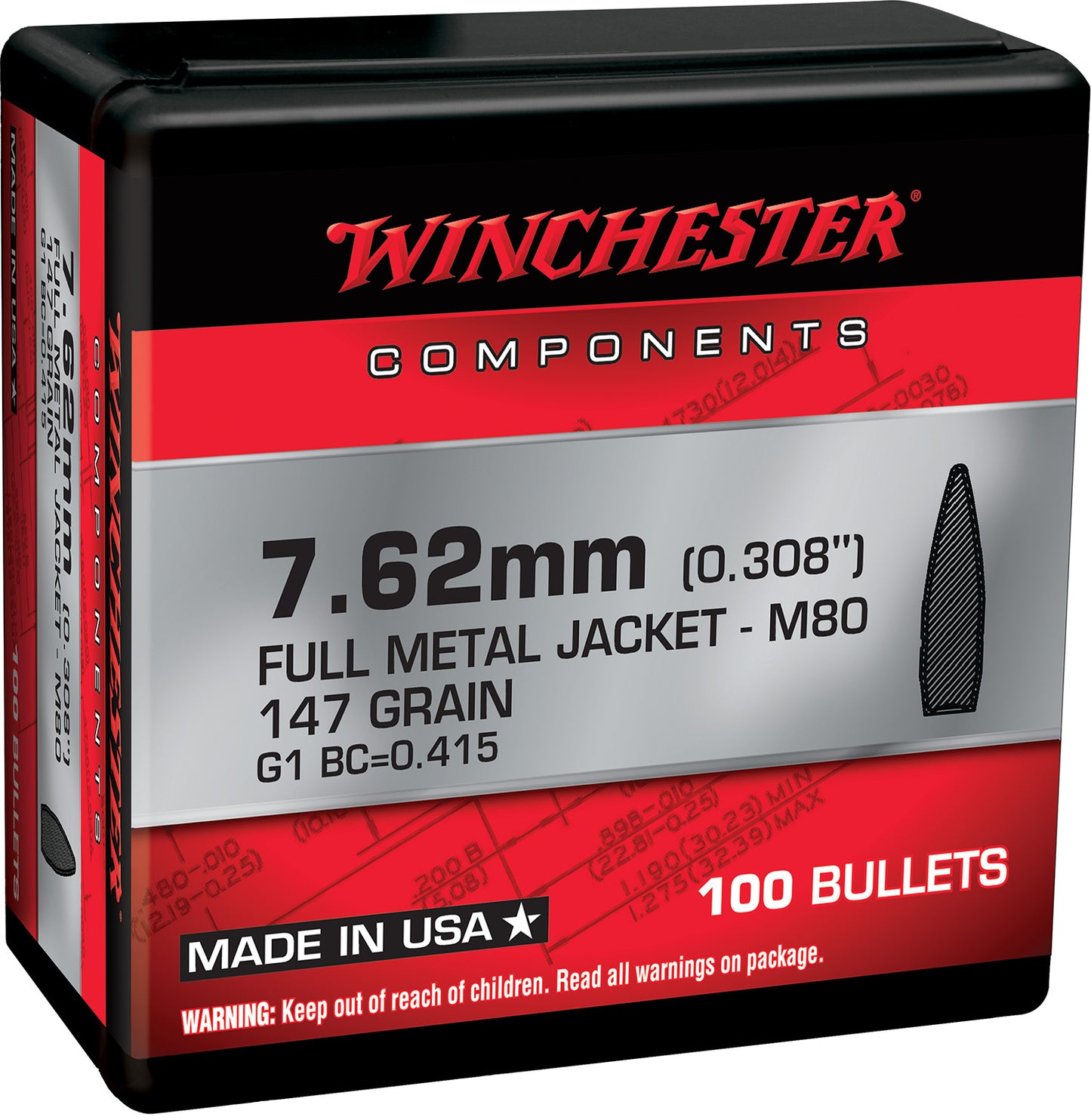 Winchester Ammo WB762147NX Centerfire Rifle 308Win 7.62x51mmNATO 147gr Full Metal Jacket 100 Per Box/10 Case