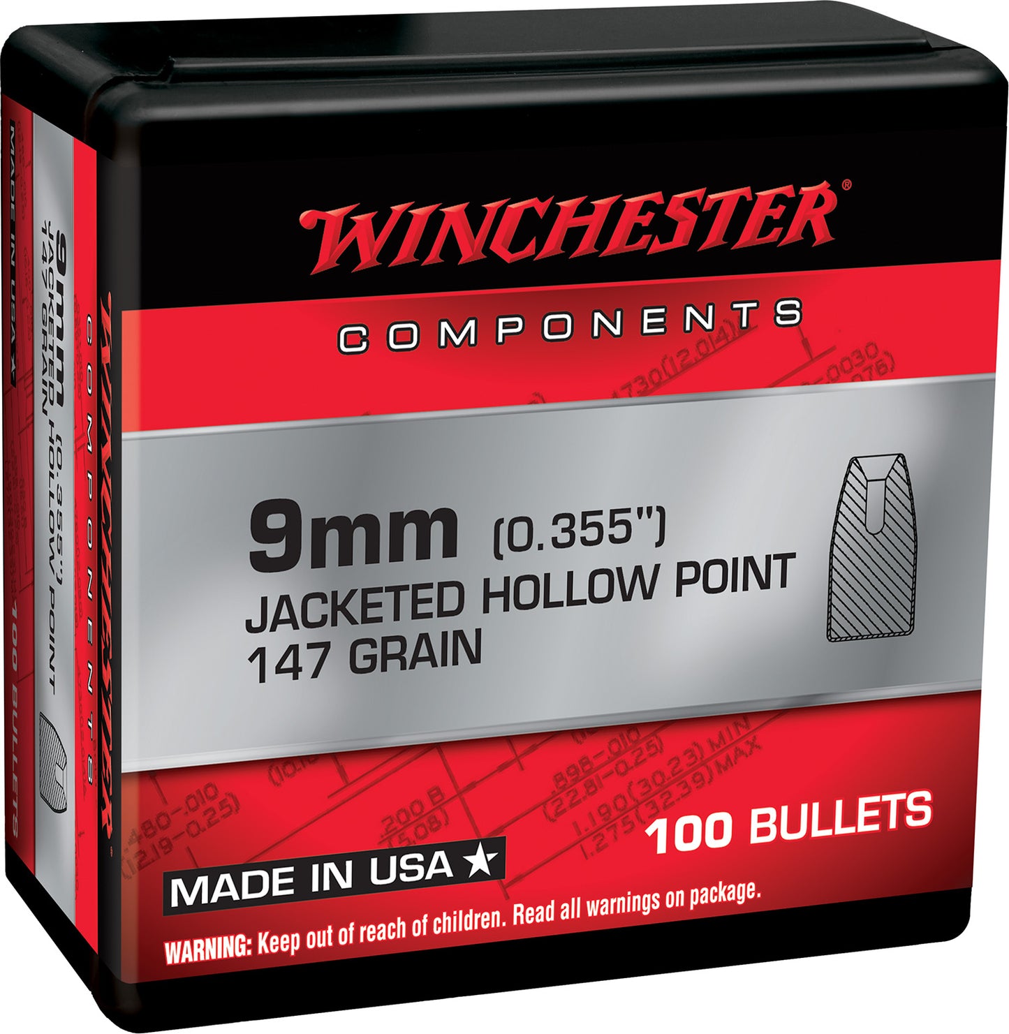 Winchester Ammo WB9JHP147X Centerfire Handgun Reloading 9mm 147gr Jacketed Hollow Point 100 Per Box/10 Case