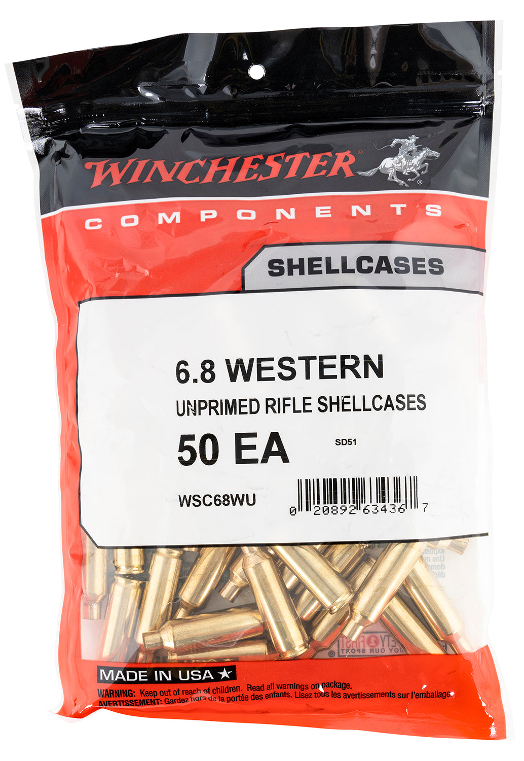 Winchester Ammo WSC68WU Unprimed Cases 6.8Western Rifle Brass 50/Bag