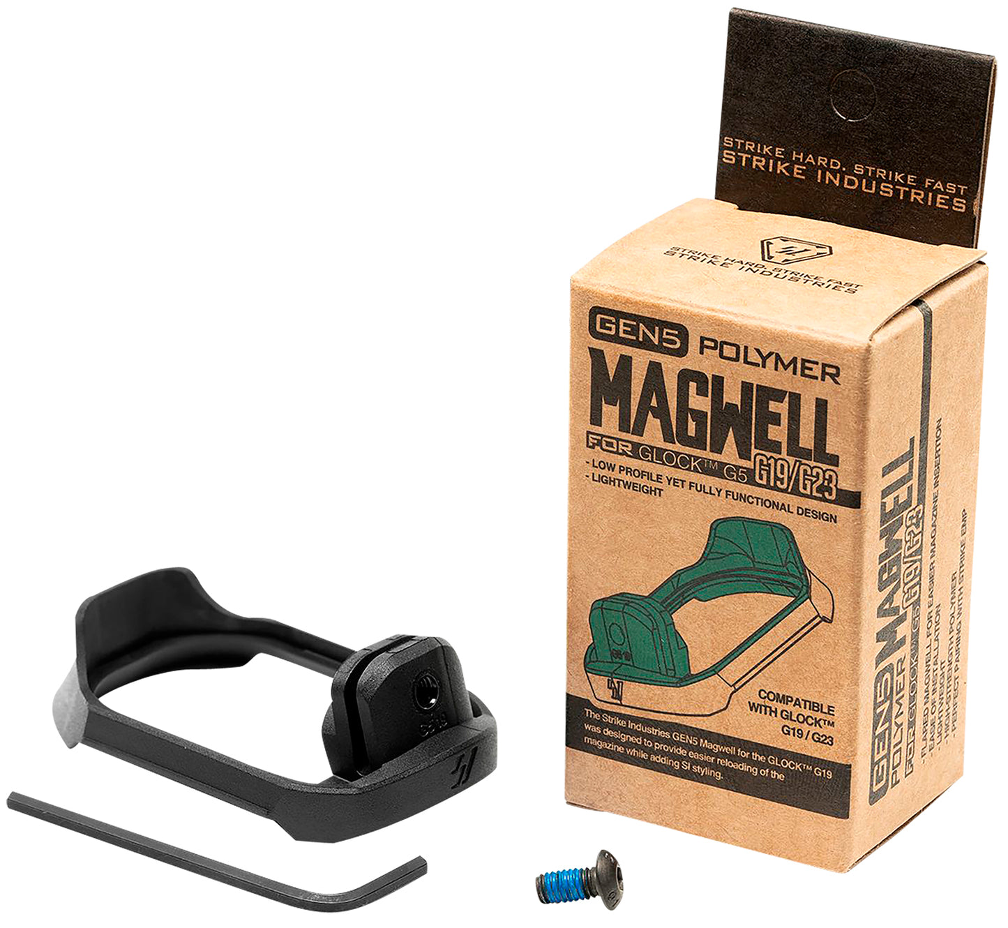 Strike Industries G5MAGWELL19 Flared Magwell 9mm Luger/40 S&W Compatible w/Glock 19/23 Gen5, Black Polymer
