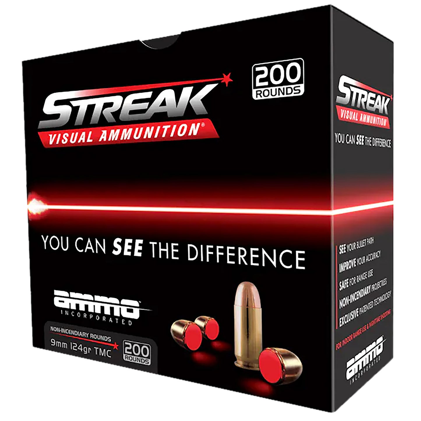 Ammo Inc 9124TMCSTRKRED200 Streak Visual (RED) 9mm Luger 124gr Total Metal Case 200 Per Box/5 Case