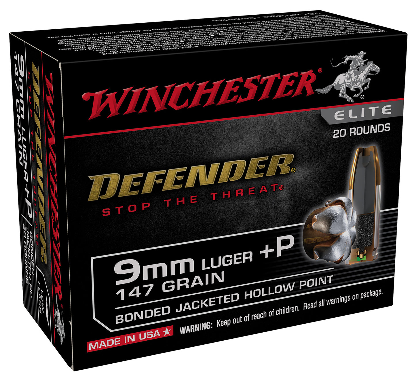 Winchester Ammo S9MMPDB2 Defender 9mmLuger+P 147gr Bonded Jacket Hollow Point 20 Per Box/10 Case