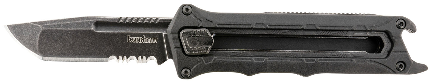 Kershaw 1195 Interstellar 2.70" OTF Tanto Part Serrated Black Oxide Blackwash 8Cr13MoV SS Blade, Black Textured w/Bottle Opener Glass-Filled Nylon Handle, Includes Pocket Clip