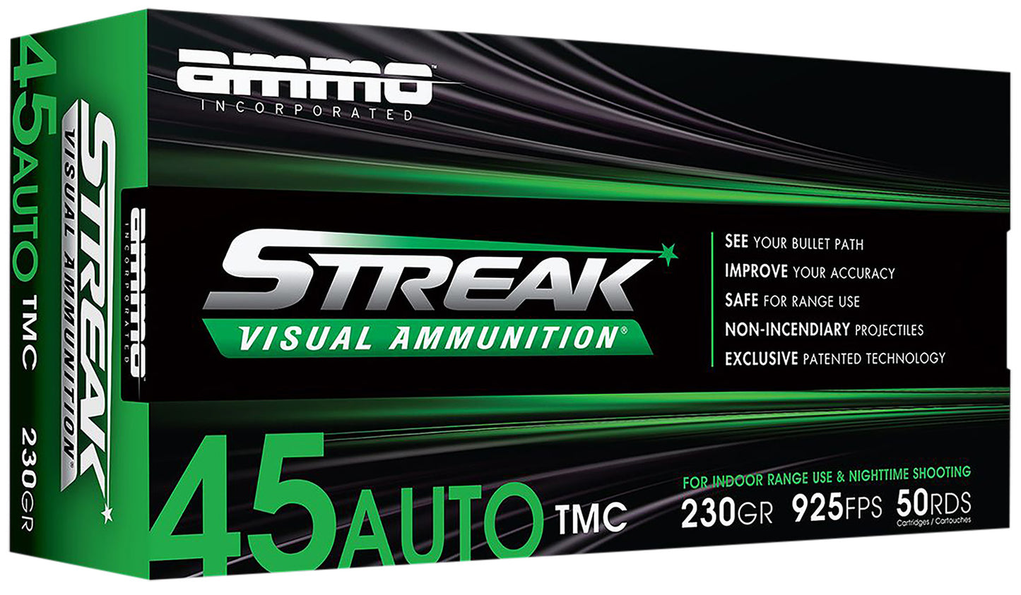 Ammo Inc 45230TMCSTRKGRN50 Streak Visual (GREEN) 45ACP 230gr Total Metal Case 50 Per Box/20 Case