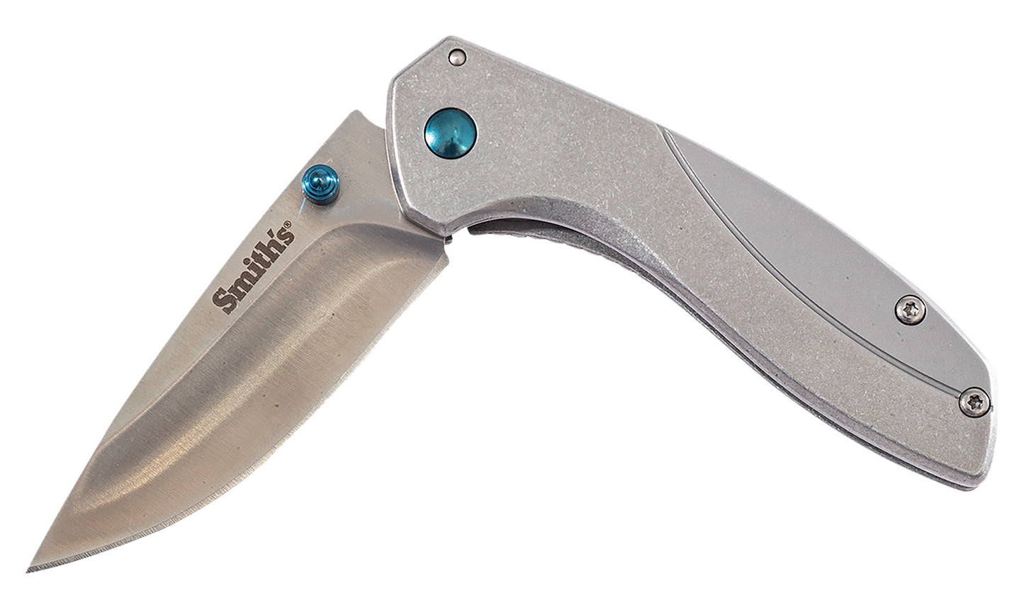 Smiths Products 51245 Noesis 2.75" Folding Drop Point Plain Satin 400 SS Blade/Bead Blasted Stainless Steel Handle Includes Pocket Clip