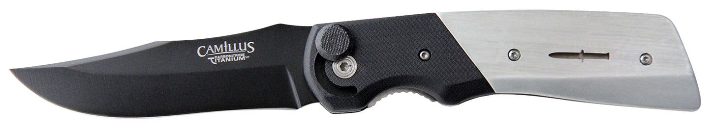 Camillus 19080 Cuda Bolt 3.75" Folding Drop Point Plain Black Carbonitride Titanium AUS-8A SS Blade, Black/Silver Aluminum/G10 Handle