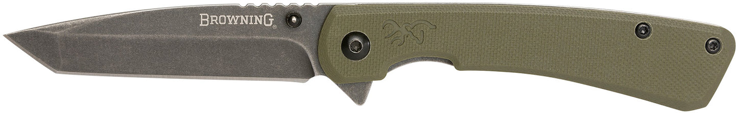 Browning 3220507 Branded Rock EDC 3" Folding Tanto Plain Black Stonewashed 7Cr17MoV SS Blade OD Green, G10 Handle