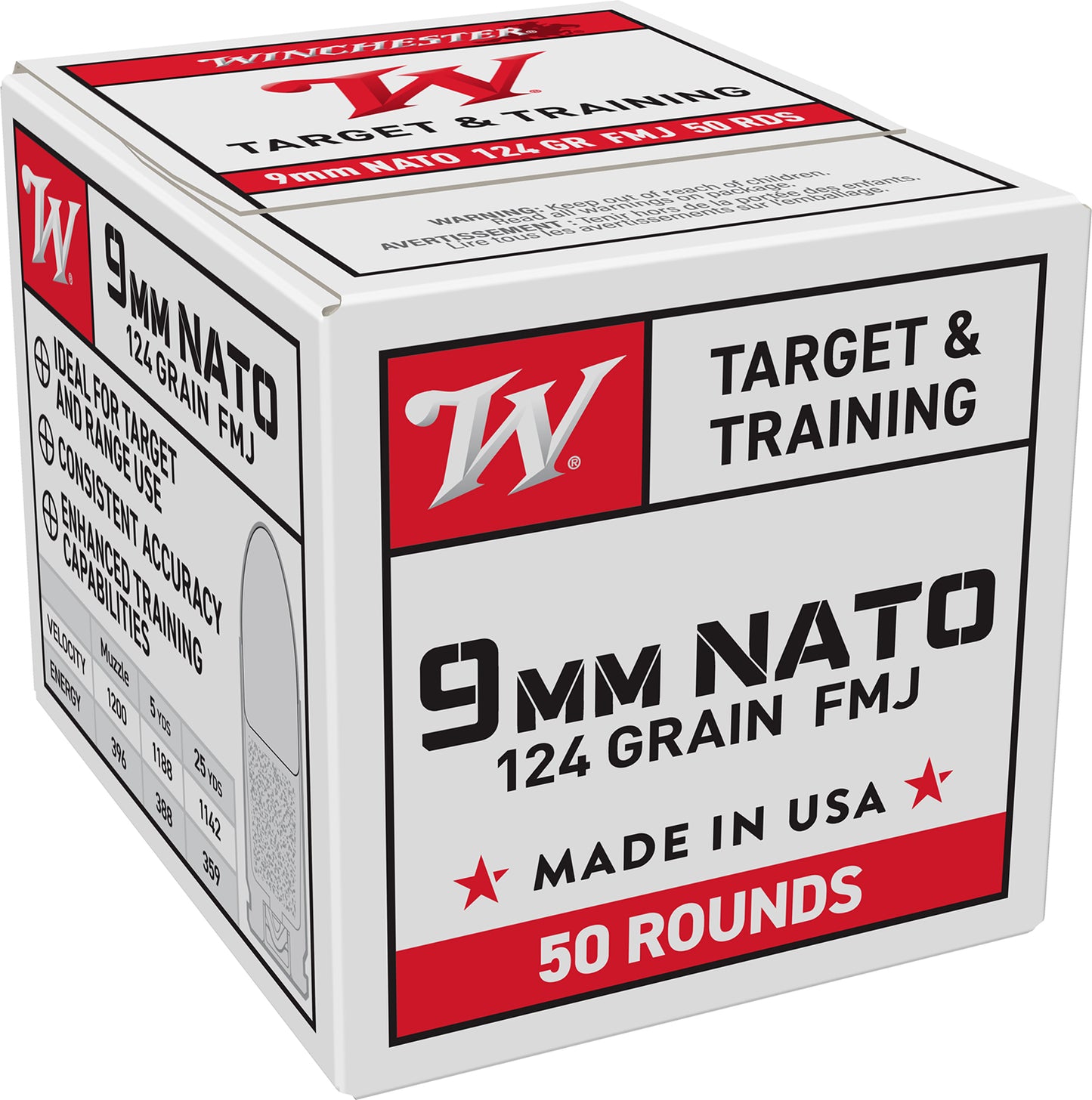 Winchester Ammo W9NATO50 USA 9mmNATO 124gr Full Metal Jacket 50 Per Box/20 Case