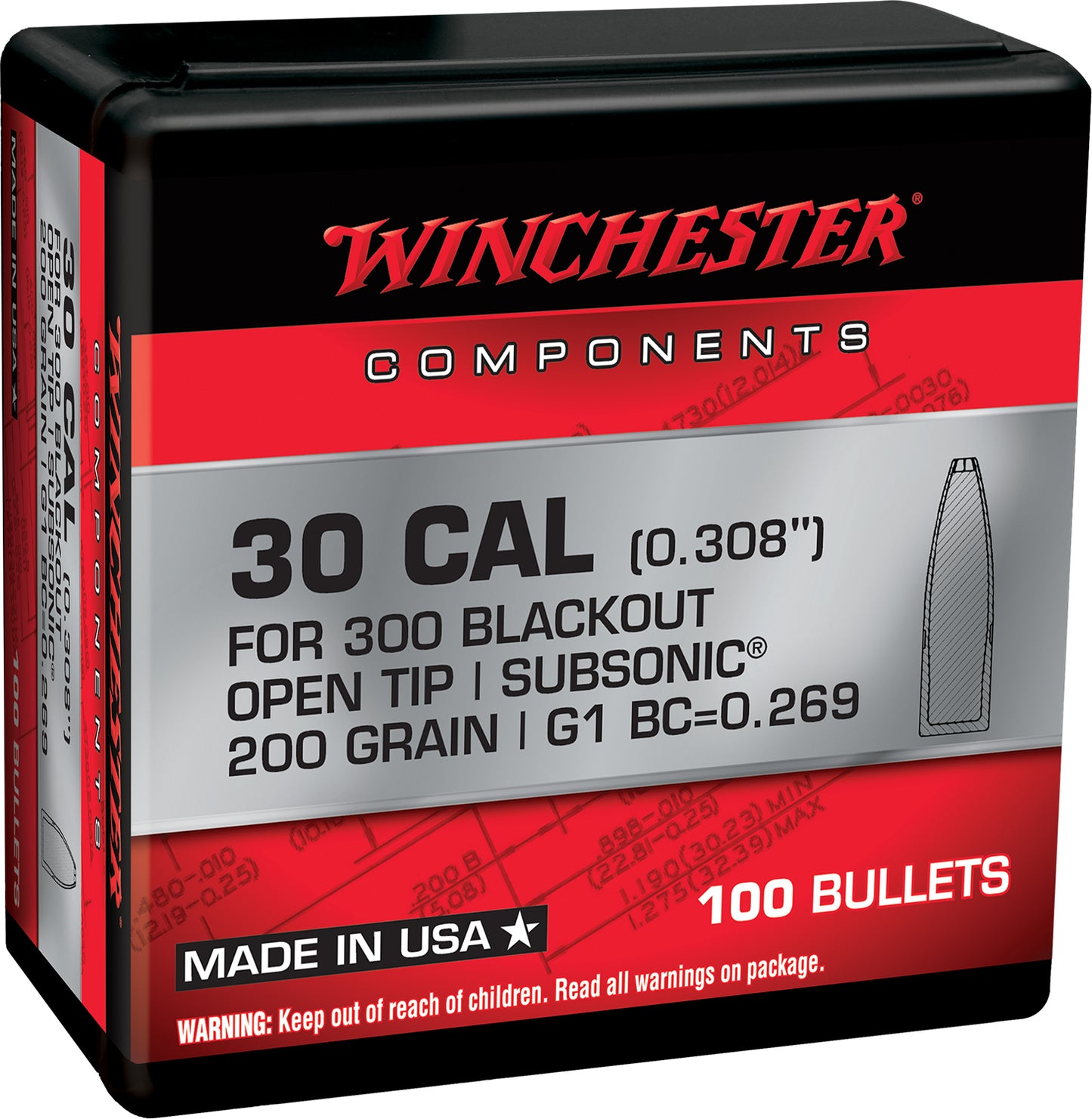 Winchester Ammo WB300B200X 300Blackout 200gr Open Tip 100 Per Box/10 Case