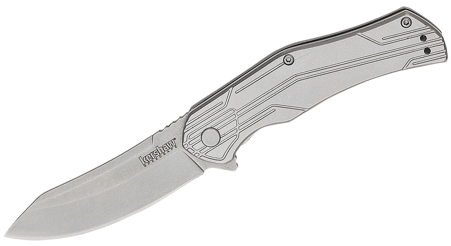 Kershaw 1380X Husker EDC 3" Folding Trailing Point Plain Bead Blasted 8Cr13MoV SS Blade, Stonewashed Stainless Steel Handle, Clamshell Packaging