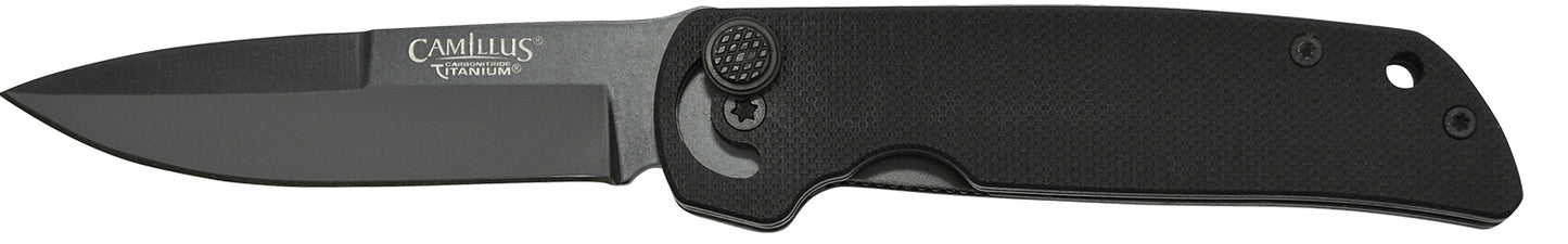 Camillus 19637 Cuda Mini 3" Folding Drop Point Plain Black Carbonitride Titanium AUS-8A SS Blade, Black Textured G10 Handle