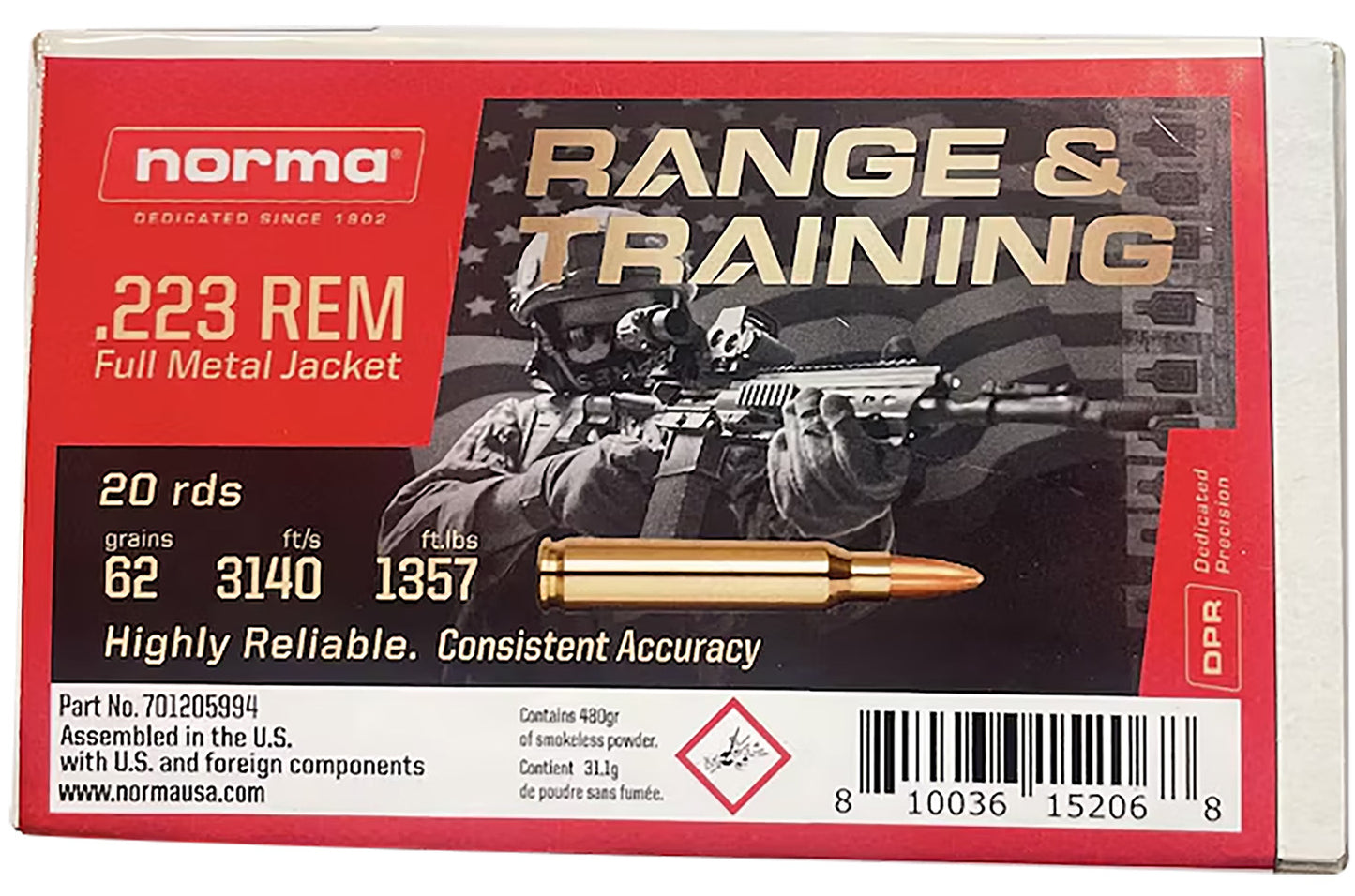 Norma Ammunition 701205994 223Rem 62gr Full Metal Jacket 20 Per Box/10 Case