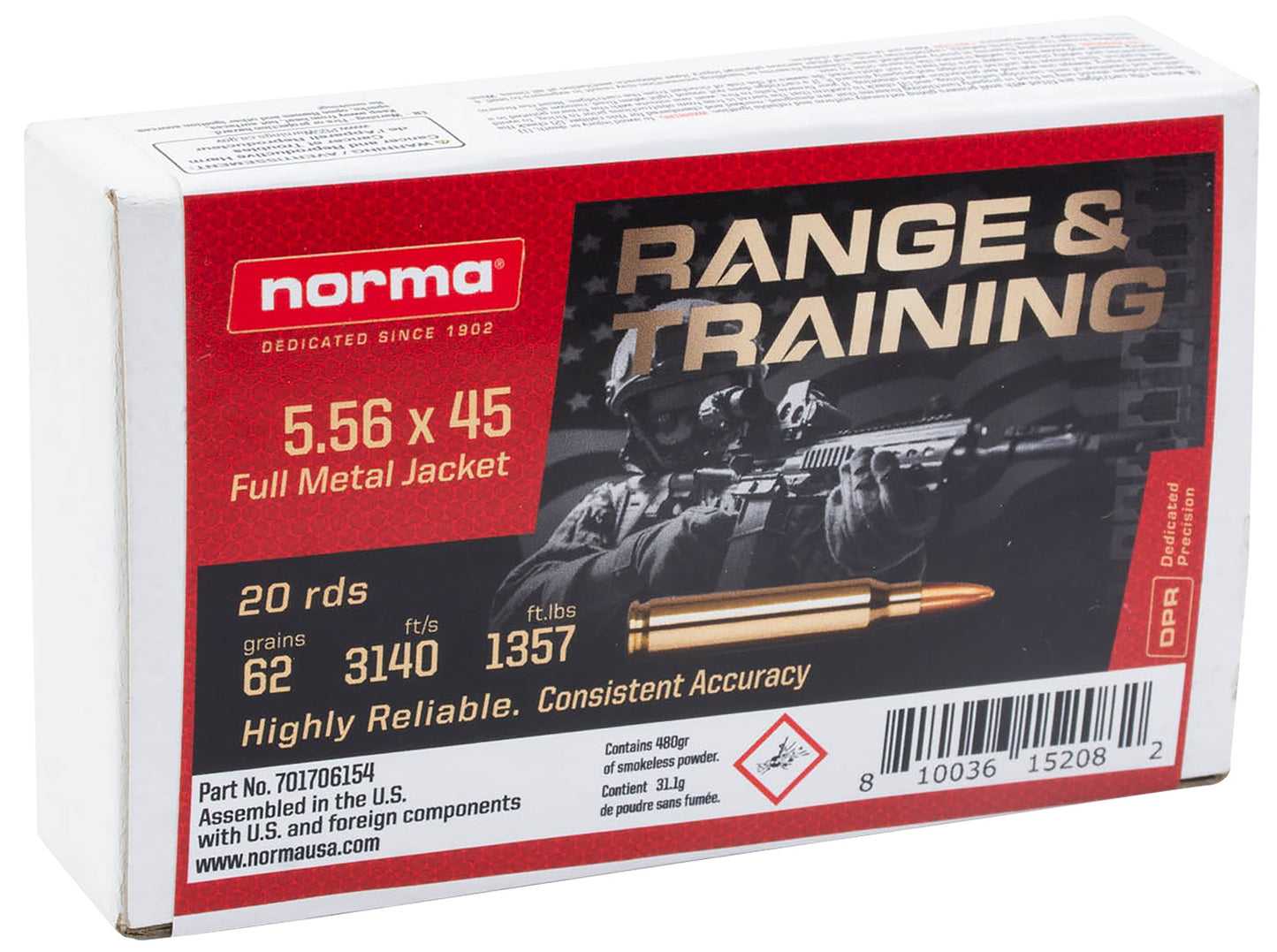 Norma Ammunition 701706154 Range & Training 5.56x45mmNATO 62gr Full Metal Jacket 20 Per Box/10 Case