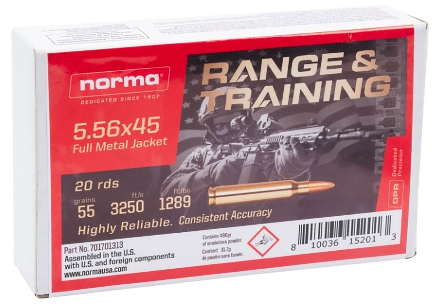 Norma Ammunition 701701313 Range & Training 5.56x45mmNATO 55gr Full Metal Jacket 20 Per Box/10 Case
