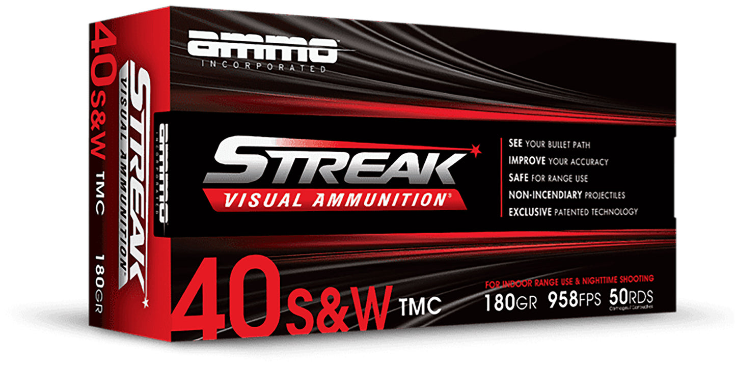 Ammo Inc 40180TMCSTRKRED50 Streak Visual (RED) 40S&W 180gr Total Metal Case 50 Per Box/20 Case