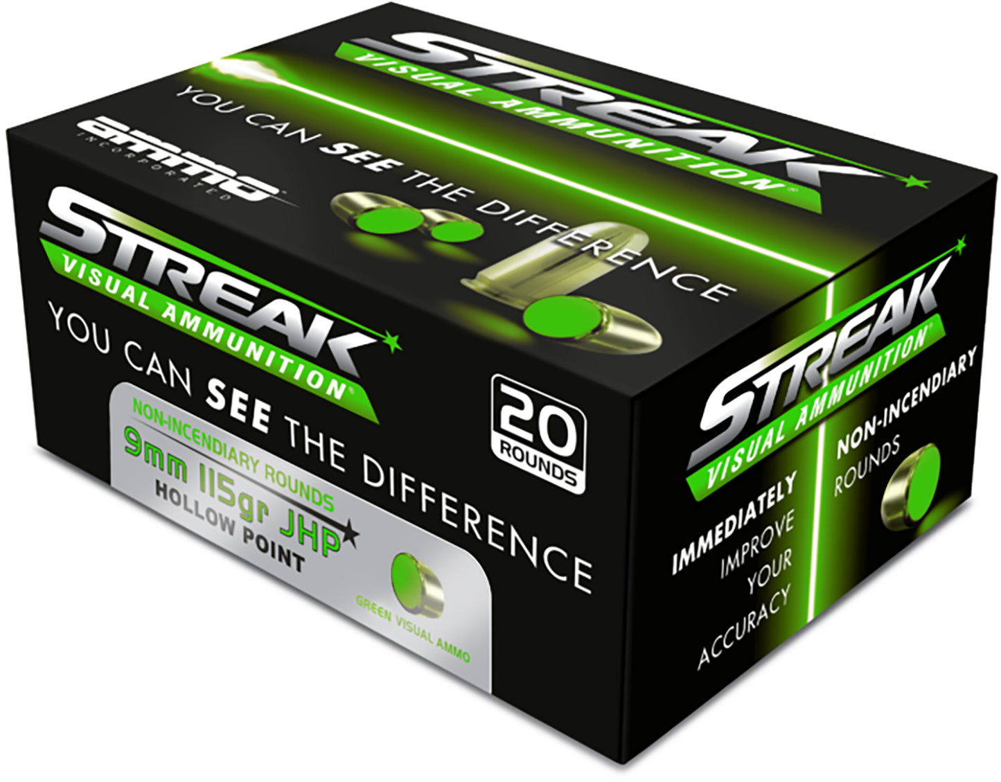 Ammo Inc 9115JHPSTRKGRN Streak Visual (GREEN) 9mm 115gr Jacketed Hollow Point 20 Per Box/10 Case