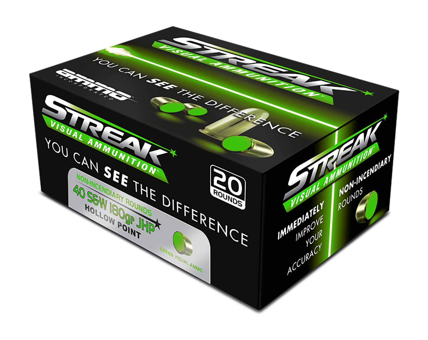 Ammo Inc 40180JHPSTRKGRN Streak Visual (GREEN) 40S&W 180gr Jacketed Hollow Point 20 Per Box/10 Case
