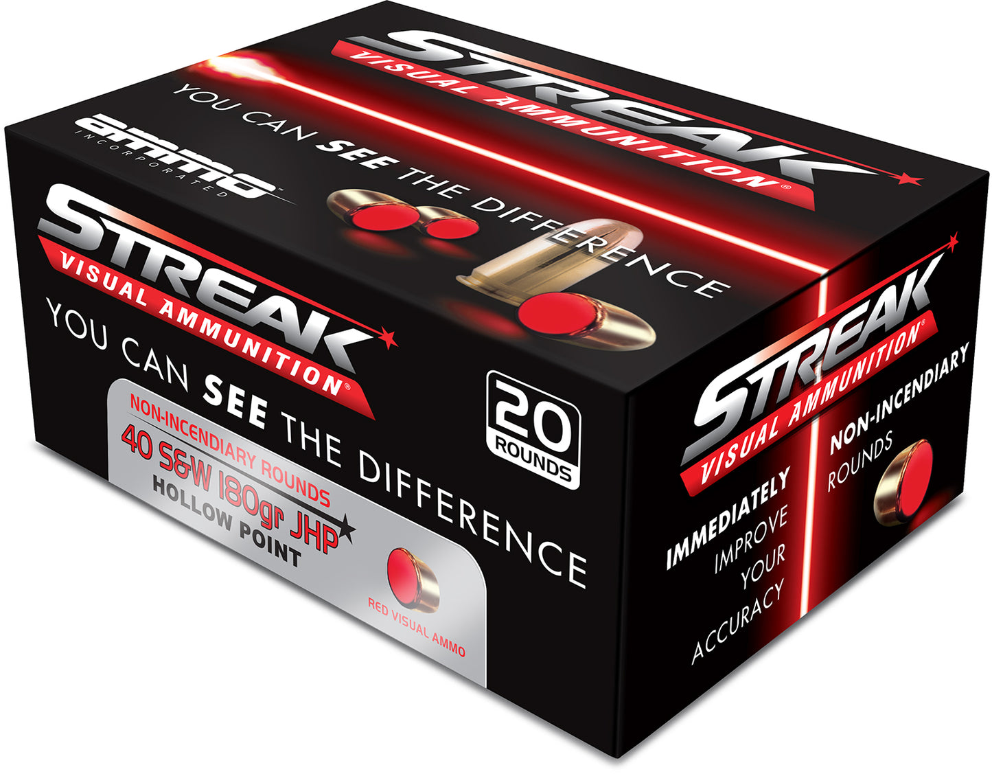 Ammo Inc 40180JHPSTRKRED Streak Visual (RED) 40S&W 180gr Jacketed Hollow Point 20 Per Box/10 Case