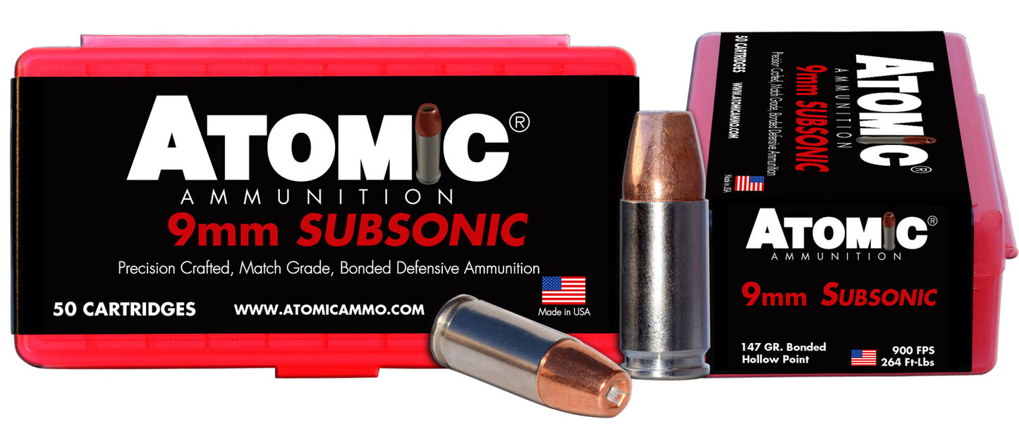 Atomic Ammunition 00438 Pistol Subsonic 9mmLuger 147gr Bonded Match Hollow Point 50 Per Box/10 Case