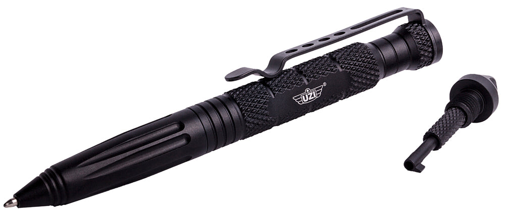 Uzi Accessories UZITACPEN6BK Tactical Pen Black Aluminum 6" Features Glass Breaker/Cuff Key