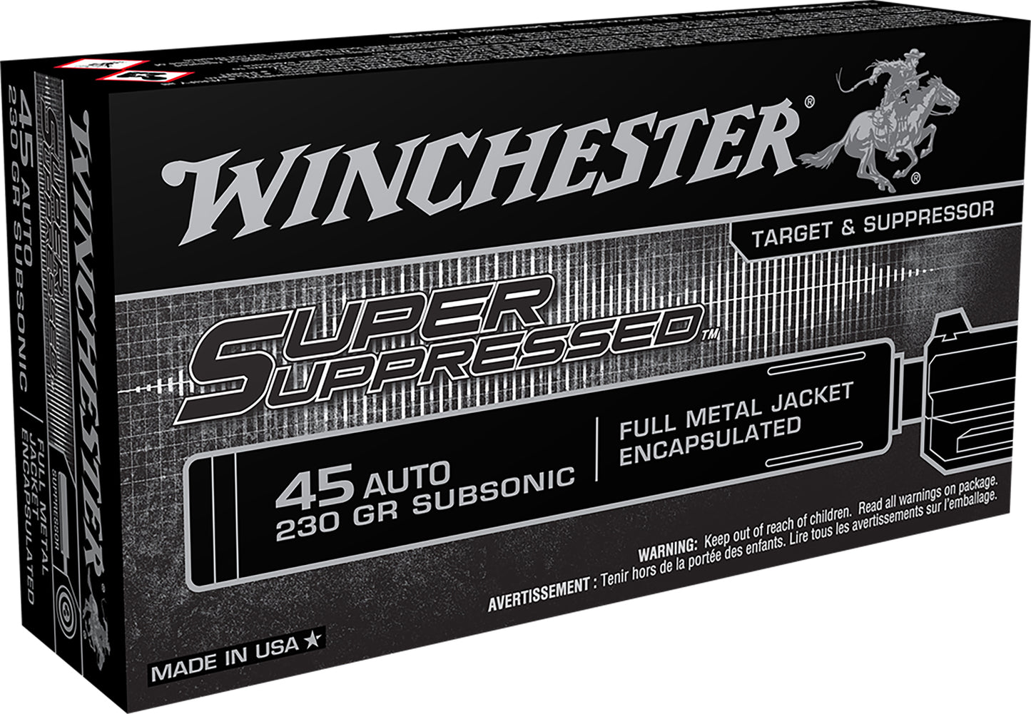 Winchester Ammo SUP45 Super Suppressed 45ACP Subsonic 230gr Encapsulated Full Metal Jacket 50 Per Box/10 Case