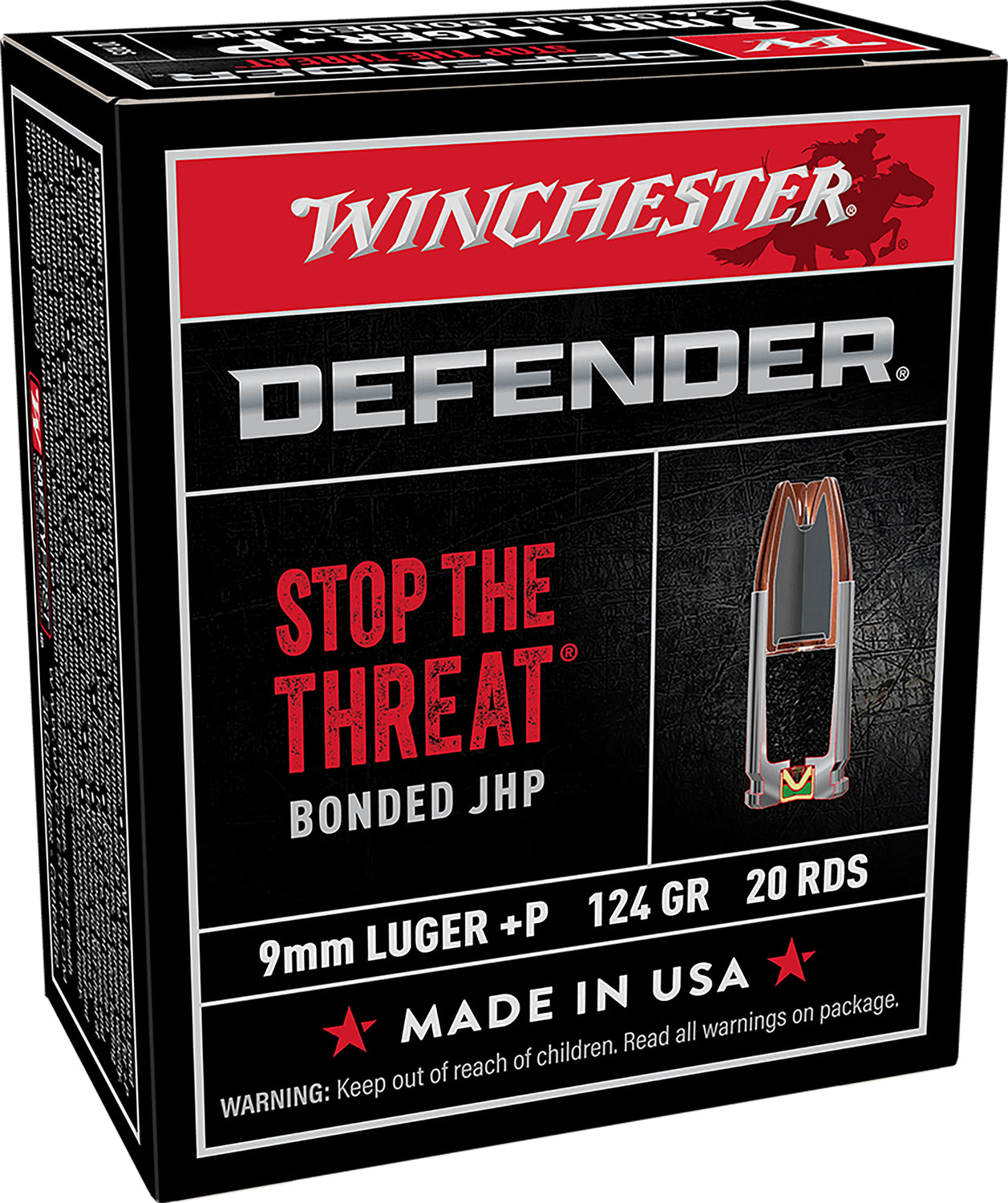 Winchester Ammo S9MMPDB Defender 9mmLuger+P 124gr Bonded Jacket Hollow Point 20 Per Box/10 Case