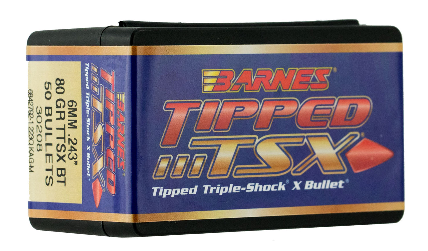 Barnes Bullets 30208 Tipped TSX 6mm 80gr Boat Tail 50/Box