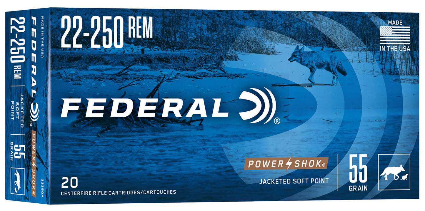 Federal 22250A Power-Shok 22-250Rem 55gr Jacketed Soft Point 20 Per Box/10 Case
