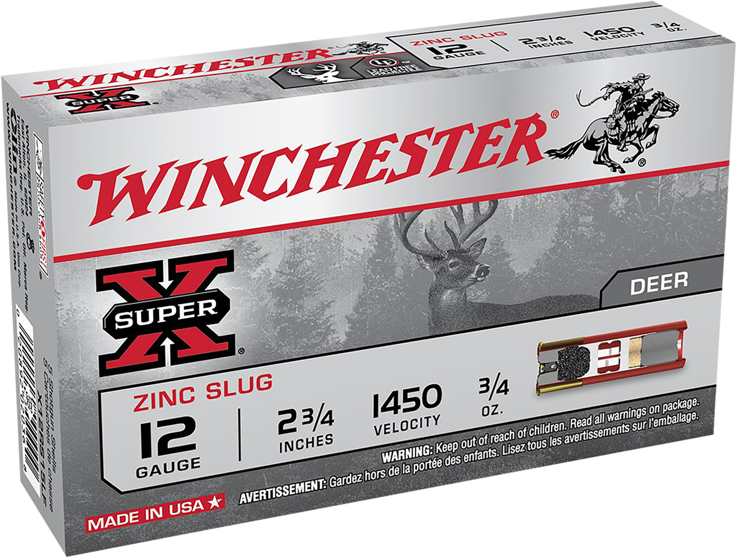 Winchester Ammo X12RS15LF Super X 12Gauge 2.75" 3/4oz Zinc Slug Shot 5 Box/50 Case
