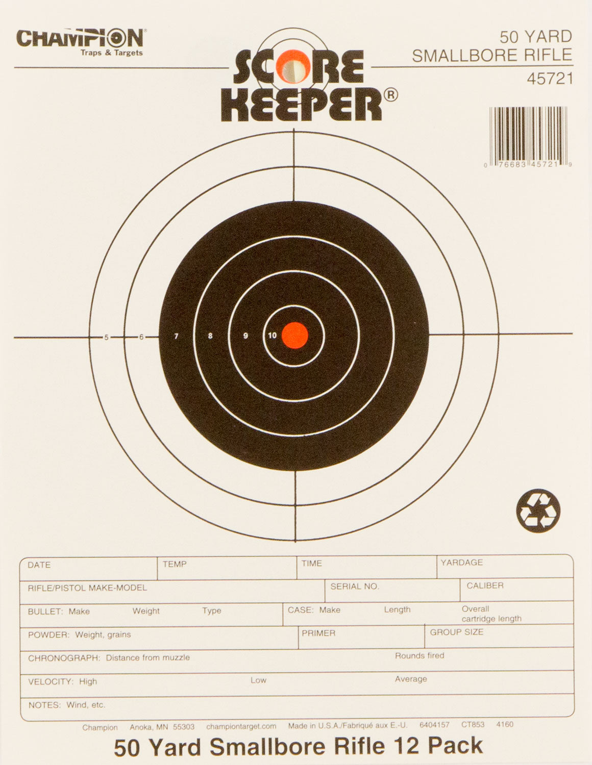 Champion Targets 45721 Score Keeper Bullseye Paper 50 yds Small Bore Rifle 8.50" x 11" Black/Orange 12 PK