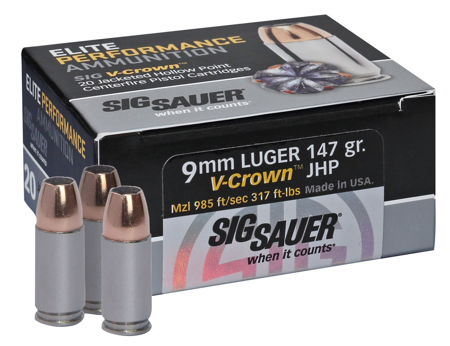 Sig Sauer E9MMA320 Elite Performance 9mmLuger 147gr V-Crown Jacketed Hollow Point 20 Per Box/10 Case