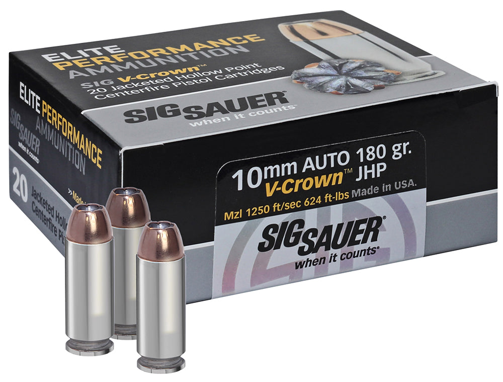 Sig Sauer E10MM120 Elite Performance 10mmAuto 180gr V-Crown Jacketed Hollow Point 20 Per Box/10 Case
