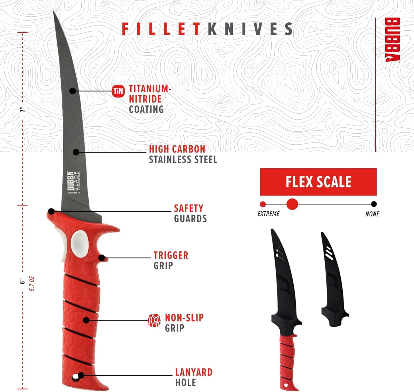 Bubba Blades 7 Inch Tapered Flex Fillet Fishing Knife BB1-7F