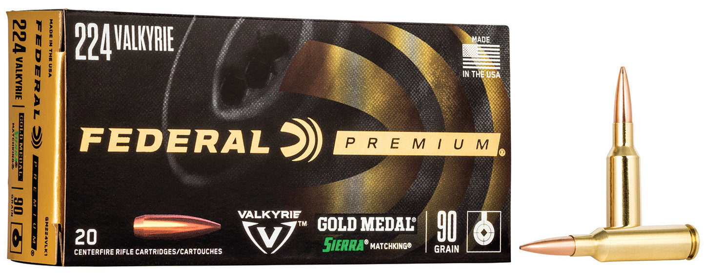 Federal GM224VLK1 Premium Gold Medal 224Valkyrie 90gr Sierra MatchKing BTHP 20 Per Box/10 Case