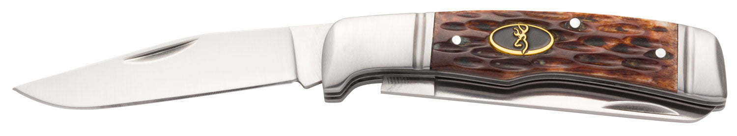 Browning 3220012 Joint Venture  2.88" Folding Drop Point/Spey Point Plain 8Cr13MoV SS Blade Brown Jigged Bone Handle