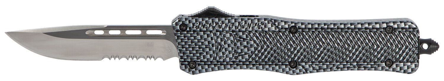 CobraTec Knives MSCFTK1MDS CTK-1  Medium 3" OTF Drop Point Part Serrated D2 Steel Blade/ Carbon Fiber Aluminum Handle Features Glass Breaker Includes Pocket Clip