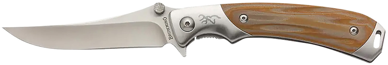Browning 3220330 Wicked Wing  3.50" Folding Trailing Point Plain Satin 7Cr17MoV SS Blade Amber/Satin G10/SS Handle Includes Pocket Clip