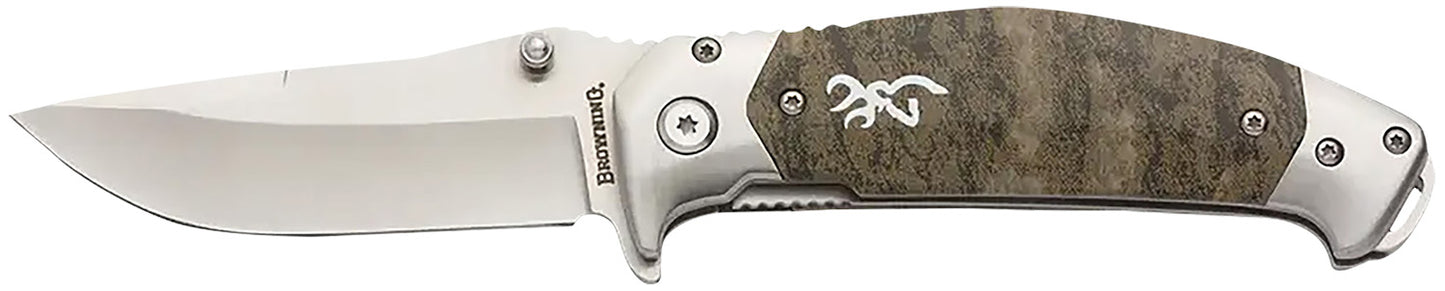 Browning 3220355 Tactical Hunter  3.25" Folding Modified Drop Point Plain 9Cr18MoV SS Blade/Mossy Oak Bottomland Stainless Steel Handle Includes Pocket Clip