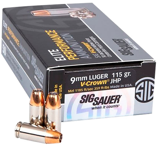 Sig Sauer E9MMA1COMP50 Match Elite Competition  9mmLuger 115gr V-Crown Jacketed Hollow Point 50 Per Box/20 Case