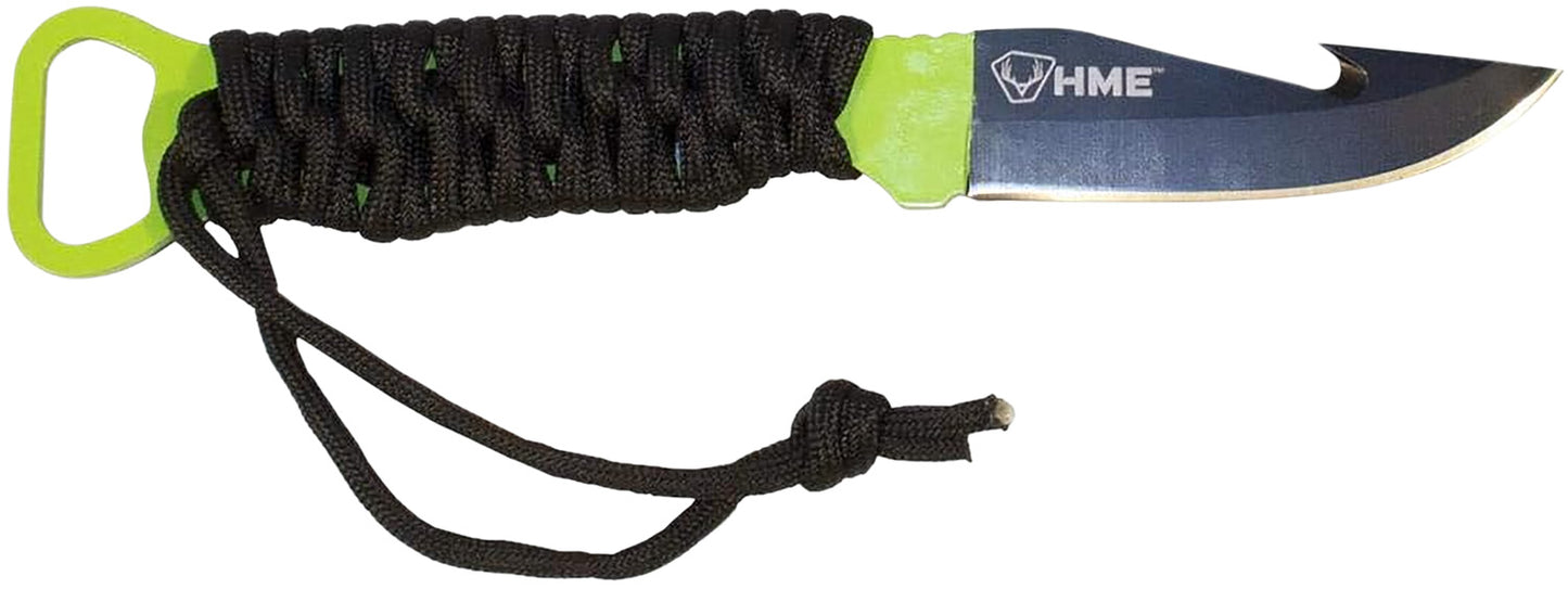 HME HMEKNSKFBG Skeleton  4.5" Fixed Gut Hook Plain Black Oxide Stainless Steel Blade/Black/Green Cord Wrapped Micarta Handle Includes Sheath